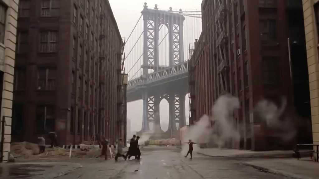 The boys walking from the station scene from the film Once Upon A Time in America, the street view of the Manhattan Bridge