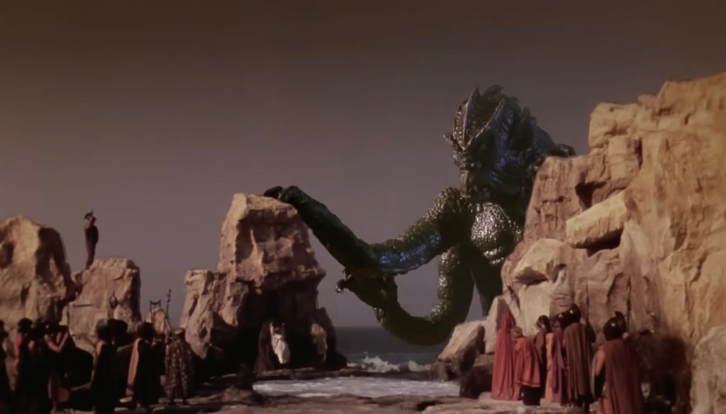 The Kraken approaches Princess Andromeda, who has been taken captive as a sacrifice in Clash of the Titans (1981)