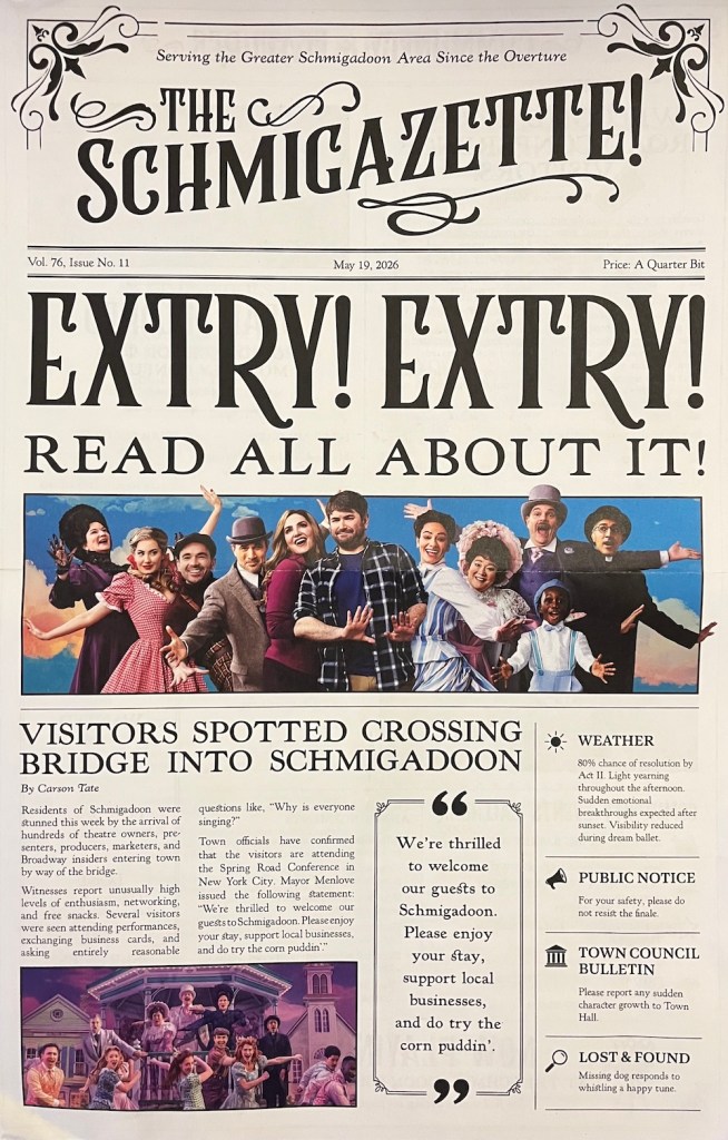 Front page of a fictional Schmigadoon newspaper, The Schmigazette